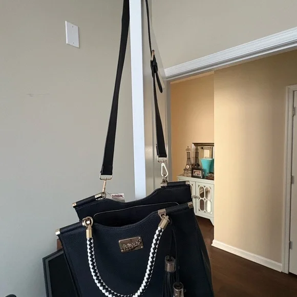 bebe Black and White Tote with Braided Handle - Picture 3 of 4